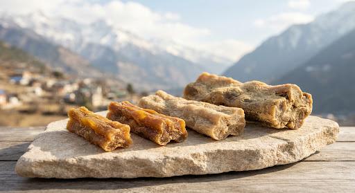 Hard yak cheese chews on a stone slab